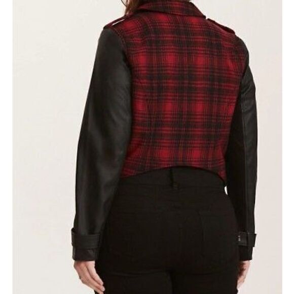 TORRID Buffalo Plaid Red Black Check Moto Bomber Jacket 00 M L - Picture 3 of 14